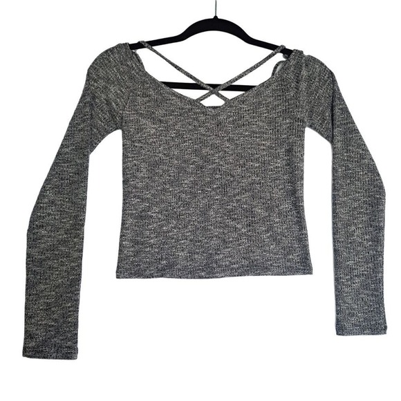 Express One Eleven Sweater Top Women S Gray Strappy V‎ Neck Ribbed Long Sleeve - Picture 1 of 7